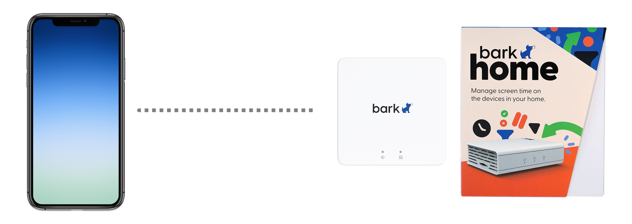 Kid's iPhone with a dotted horizontal line going from the phone to a Bark Home device that looks like a square box with the Bark logo on it.