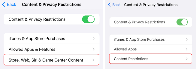 Content Restrictions or Store Web Siri and Game Center Content setting in Apple Screen Time.png