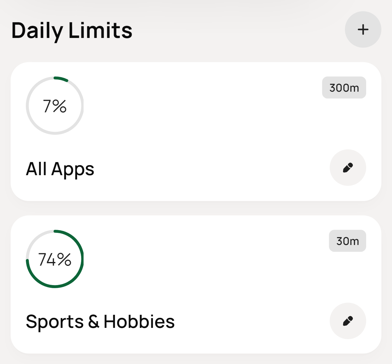 new UI - app time limits on dashboard