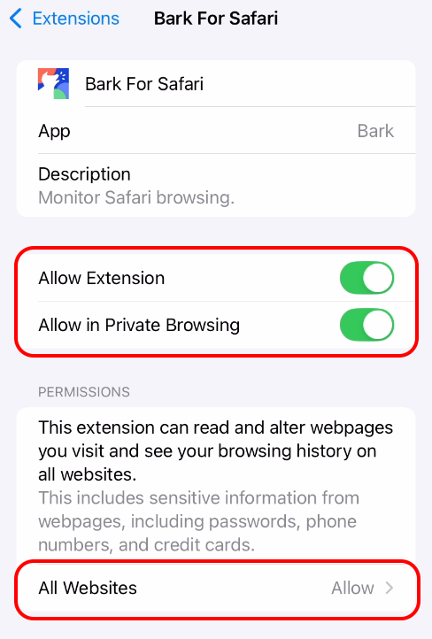 Bark for Safari extension iOS 18 and later allow all sites cropped with callout.png