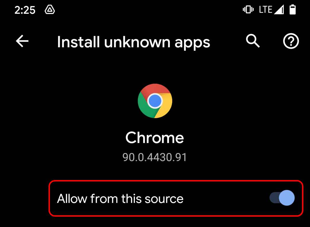 A picture of a section of Android settings with text saying Install unknown apps at the top, a Chrome icon in the middle with a version number, and a setting called Allow from this source that has a toggle button next to it.